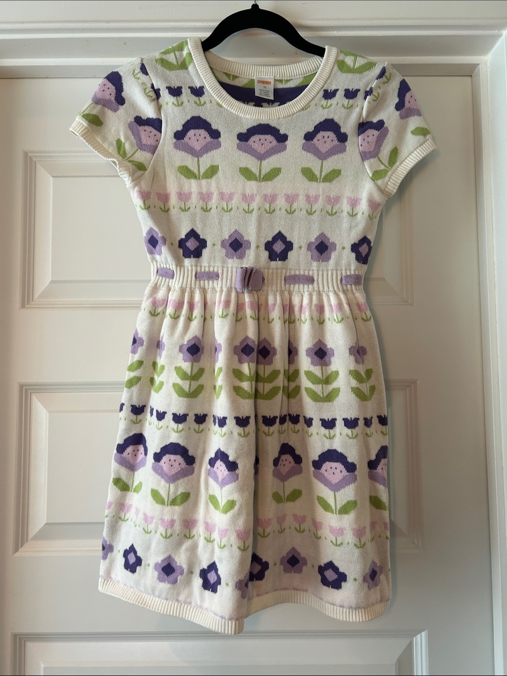 Girls Cream Floral Knit Sweater Dress with Flower Accents, 100% Cotton, Size 10